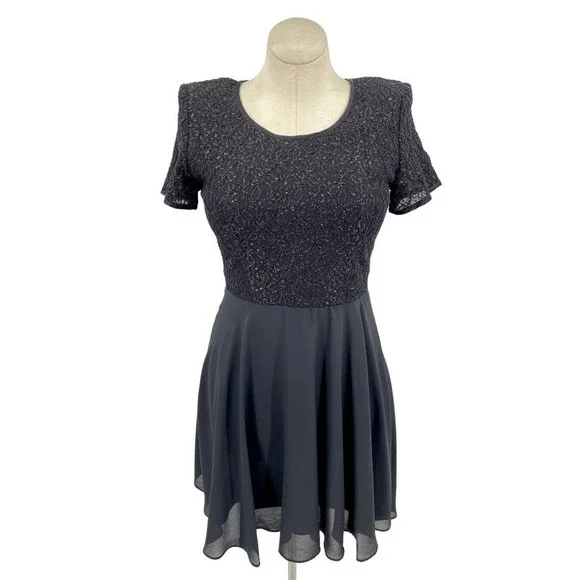 Vintage | Dresses | Vintage 9s Black Mini Formal Dress Evening Short Sleeve  Chiffon Molly Malloy 2